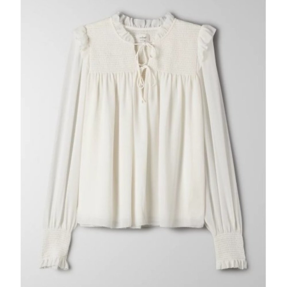 ARITZIA WILFRED CREAM SMOCKED LACE-UP RUFFLE BLOUSE M NWT - Picture 2 of 15